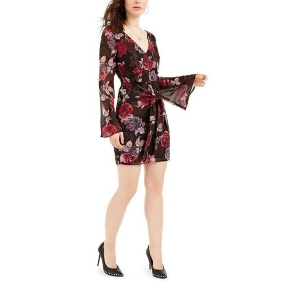 GUESS NWT $108 Black/Red V-Neck Floral Short Dress‎ - Picture 1 of 8